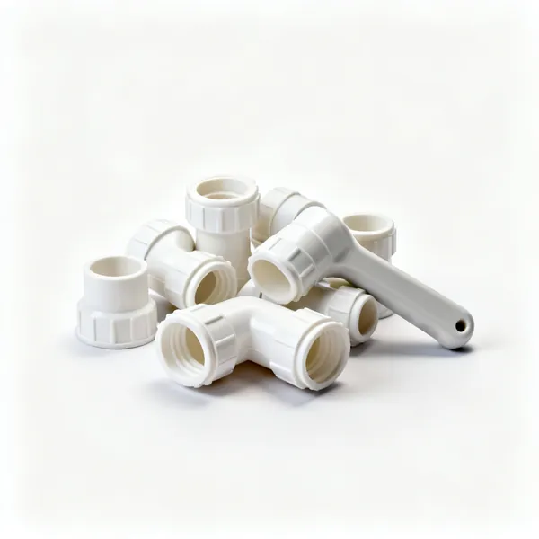Push fit fittings: A handful of white plastic push fit plumbing fittings including elbows and couplings