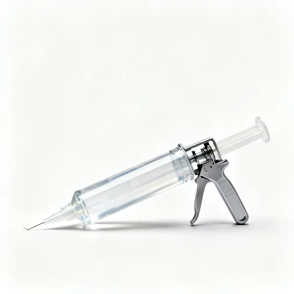 A cartridge tube of clear silicone sealant with a cut nozzle