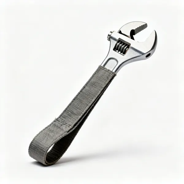 A strap wrench with a metal handle and a heavy fabric strap