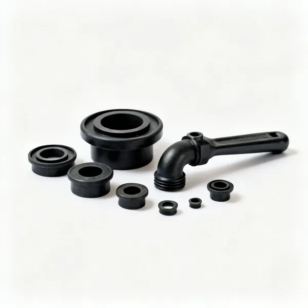 Trap washer set: An assortment of black rubber plumbing trap washers of different sizes