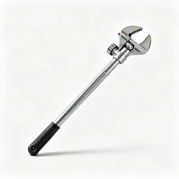 A basin wrench with a long shaft and a pivoting toothed jaw
