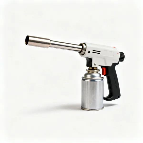 A handheld gas blowtorch with a trigger and a gas cylinder