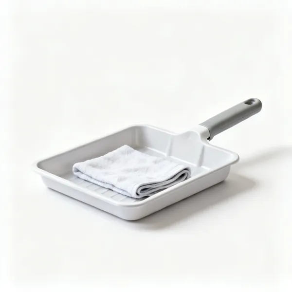 Drip tray and towels: A shallow plastic drip tray with a folded cloth