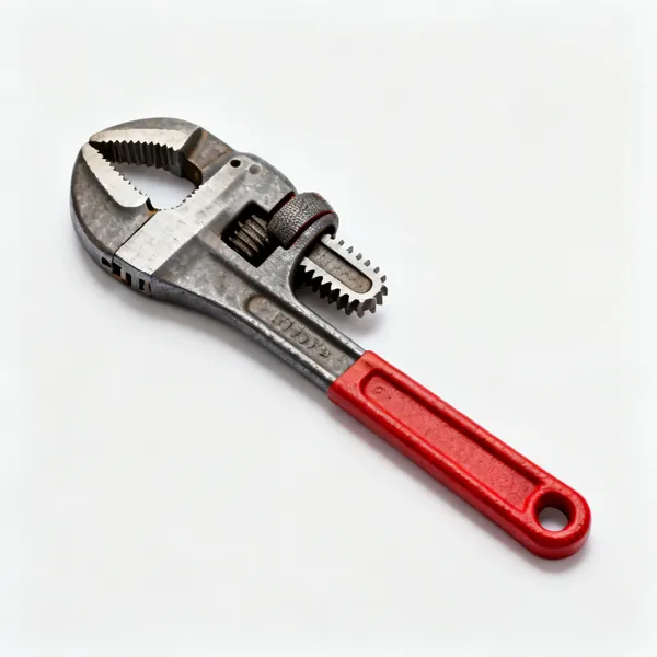 A heavy pipe wrench with toothed jaws and a red handle