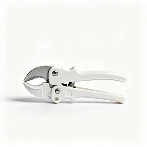 A plastic pipe cutter with scissor handles and a curved blade