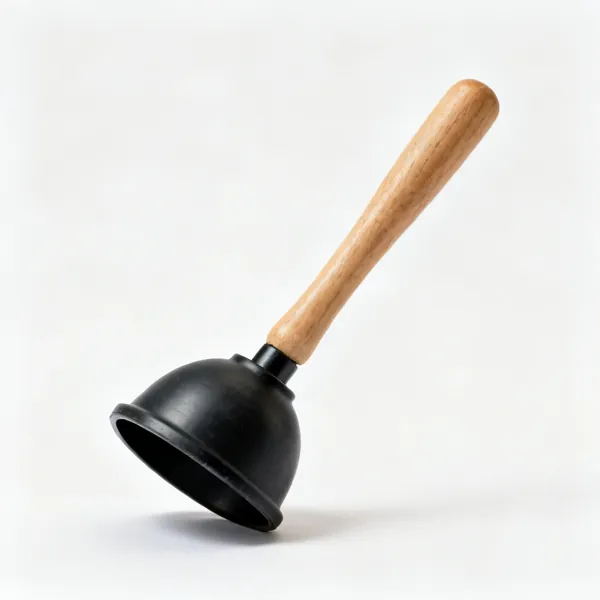 A rubber cup plunger with a wooden handle