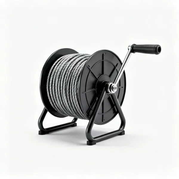 A hand crank sink auger with a coiled cable in a drum