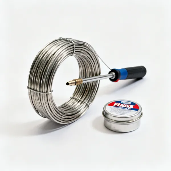 Solder and flux: A coil of plumbing solder wire and a tin of flux paste