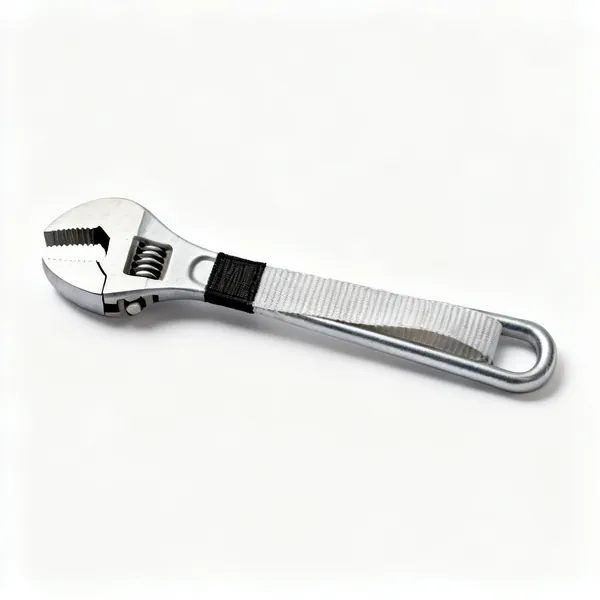 A strap wrench with a nylon strap and a metal handle