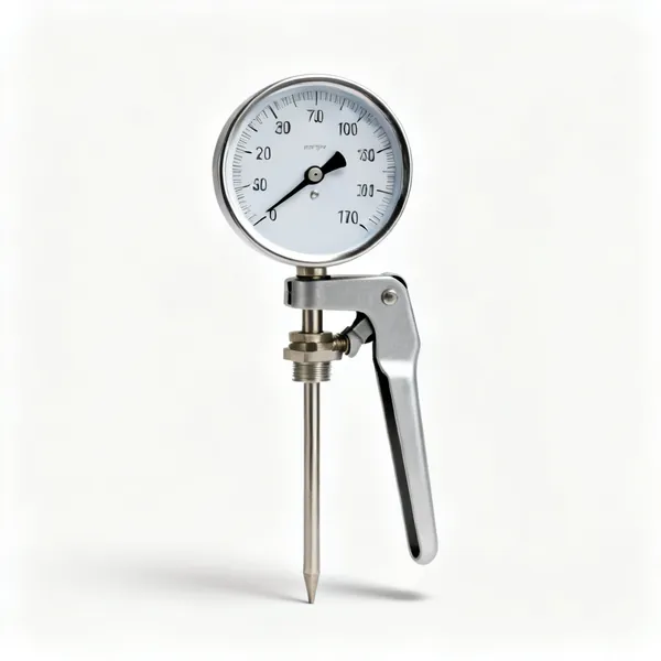 A clamp on pipe thermometer with a dial