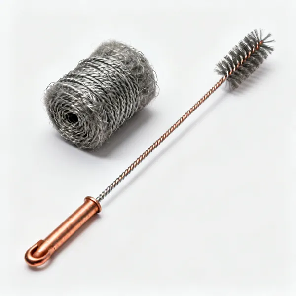 Wire wool and cleaning brush: A roll of wire wool and a copper pipe cleaning brush
