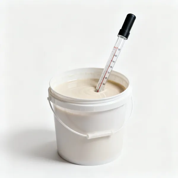 A hydrometer in a bucket of glaze