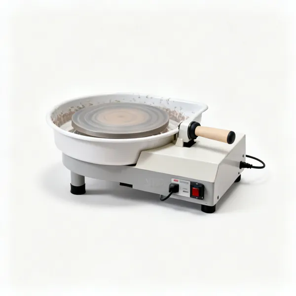 An electric pottery wheel with a splash pan