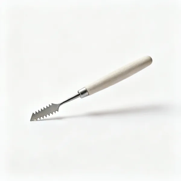 A pottery scoring tool with a serrated end