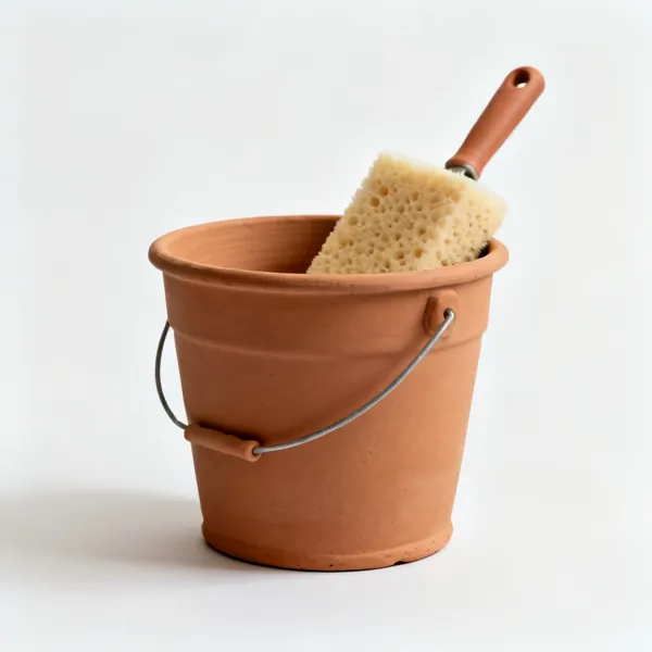 A clay settling bucket with a sponge