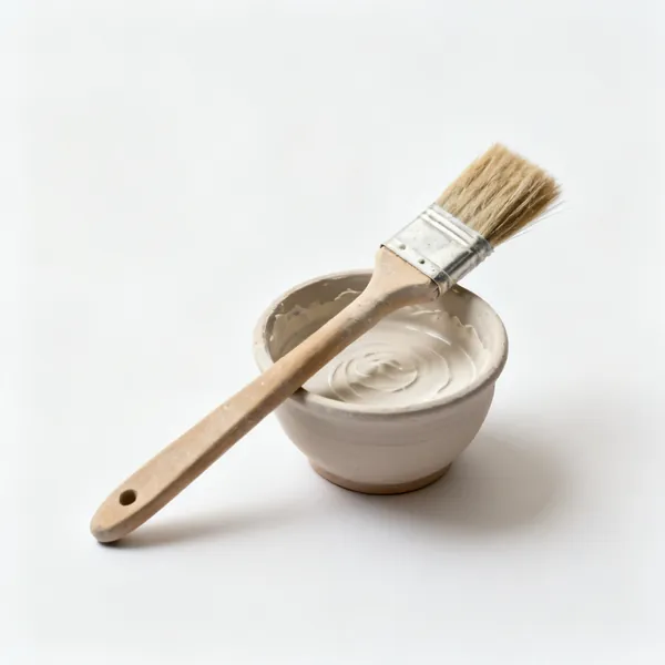 A pottery slip brush with a pot of slip