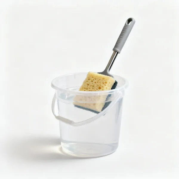 A plastic water bucket with a sponge