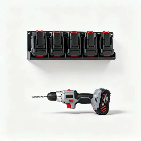 A wall mounted battery storage rack holding several cordless tool batteries