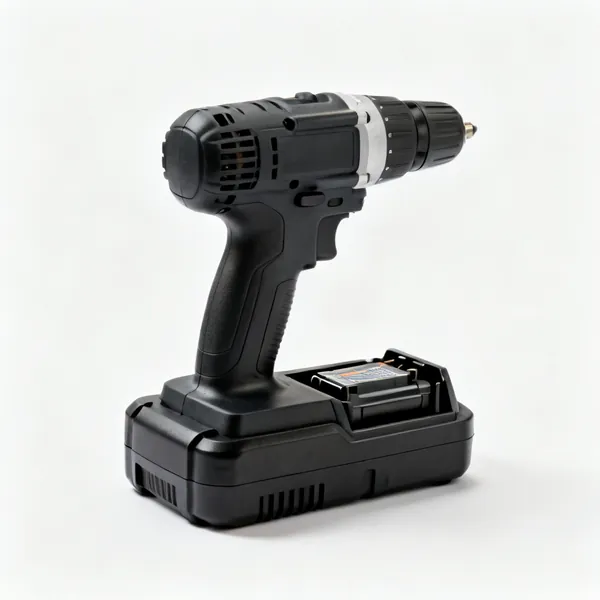 A cordless tool battery charger with a battery seated in it and indicator lights