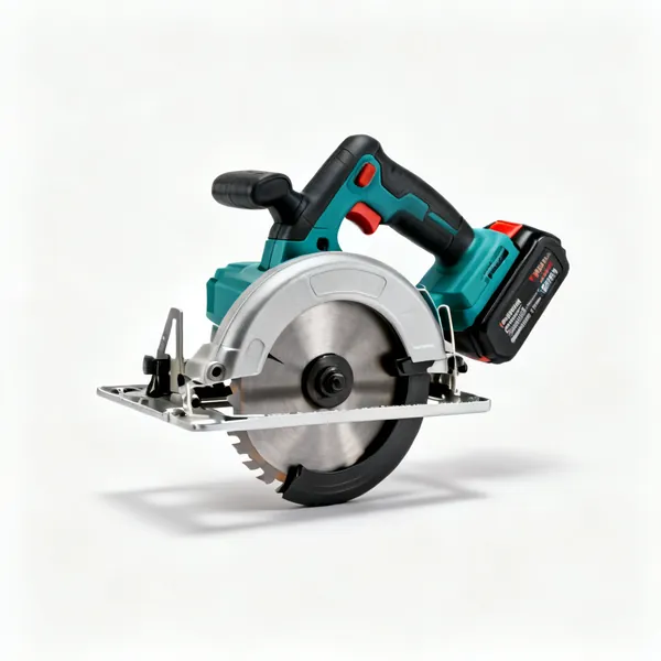 A cordless circular saw with a blade guard, a base plate and a battery