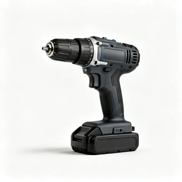 A cordless combi drill with a keyless chuck, a torque collar and a battery