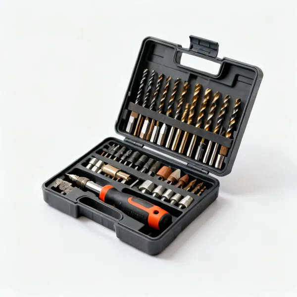 Drill bit set: An open case of assorted drill bits for wood metal and masonry