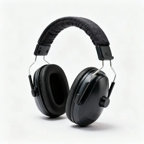 A pair of over ear protective ear defenders with a padded headband