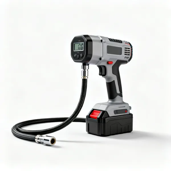 A cordless tyre inflator with a digital display, a hose and a battery