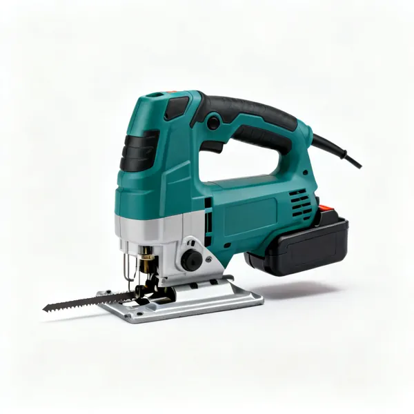 A cordless jigsaw with a blade fitted, a base plate and a battery