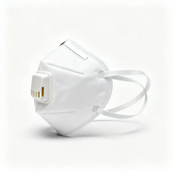 A white FFP3 respirator dust mask with two straps and a nose clip
