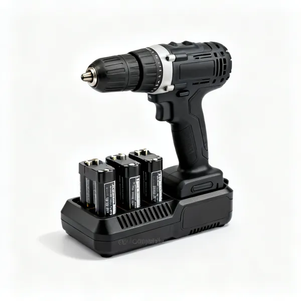 Multi bay charger: A four bay cordless tool battery charger with several batteries seated
