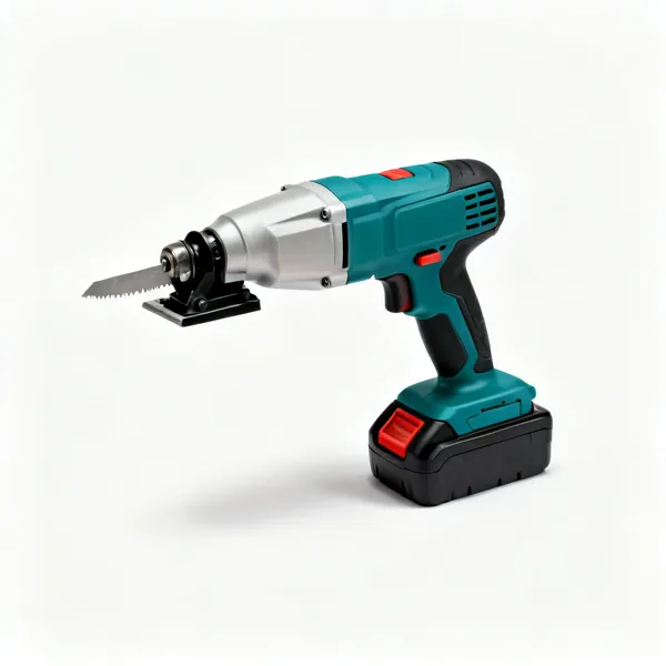A cordless oscillating multi tool with a cutting blade fitted and a battery