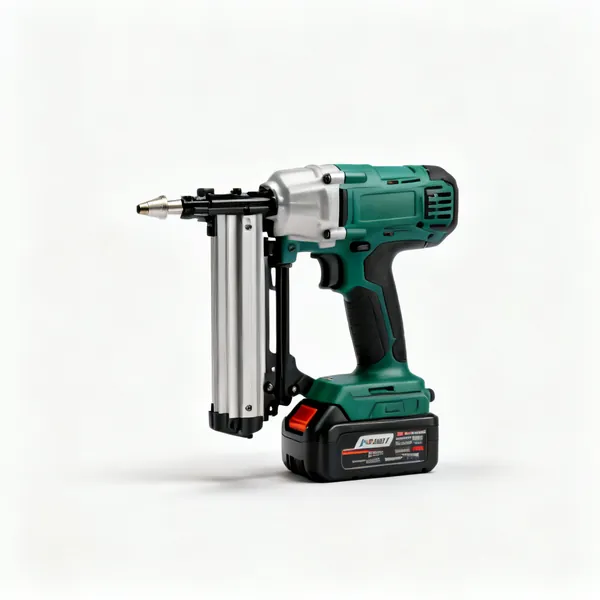 A cordless finish nail gun with a magazine, a nose and a battery
