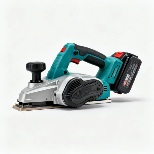 A cordless electric planer with a front handle, a shoe and a battery