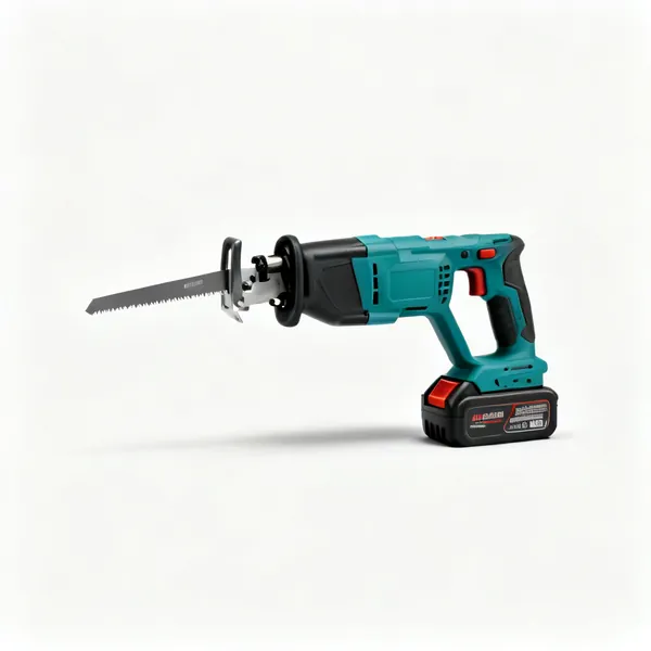 A cordless reciprocating saw with a blade fitted, a shoe and a battery