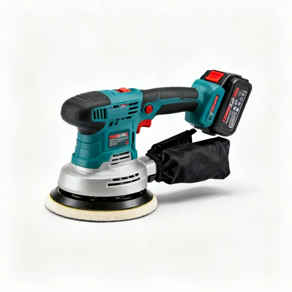 A cordless random orbit sander with a round pad, a dust bag and a battery