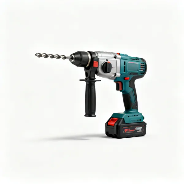 SDS hammer drill: A cordless SDS rotary hammer drill with a drill bit and a battery