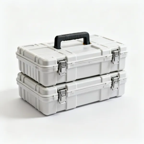 Stacking case: Two stacking plastic tool cases clipped together with latches