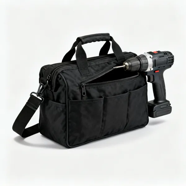 A black canvas power tool bag with a shoulder strap and open zip