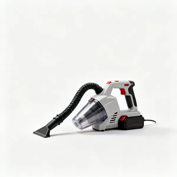 Cordless vacuum: A small cordless workshop vacuum with a hose and a battery