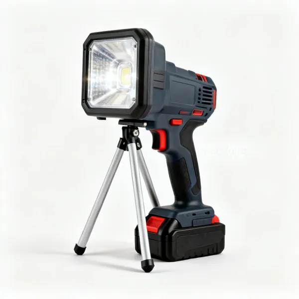 A cordless LED work light with a folding stand and a battery