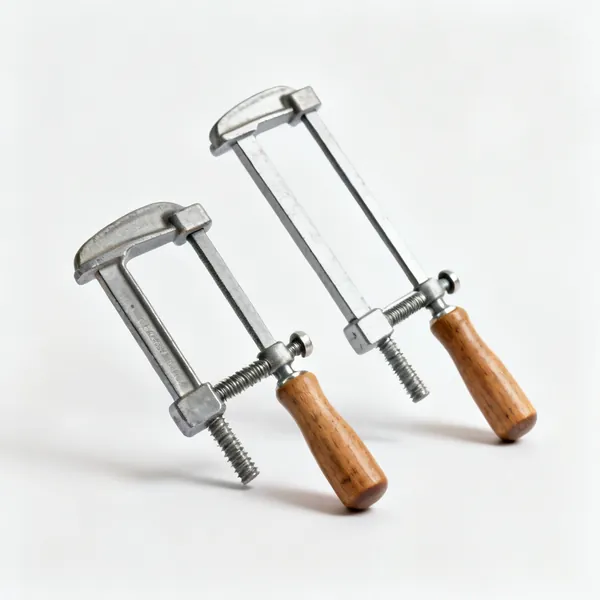Two F clamps with steel bars and wooden handle screws