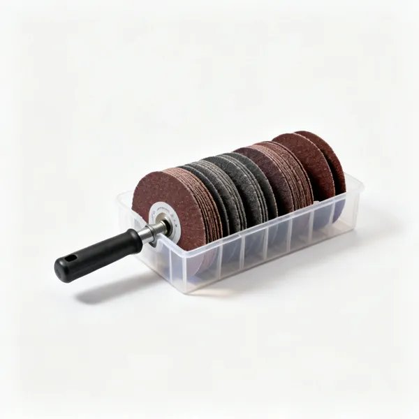 A plastic disc storage case holding several abrasive discs flat