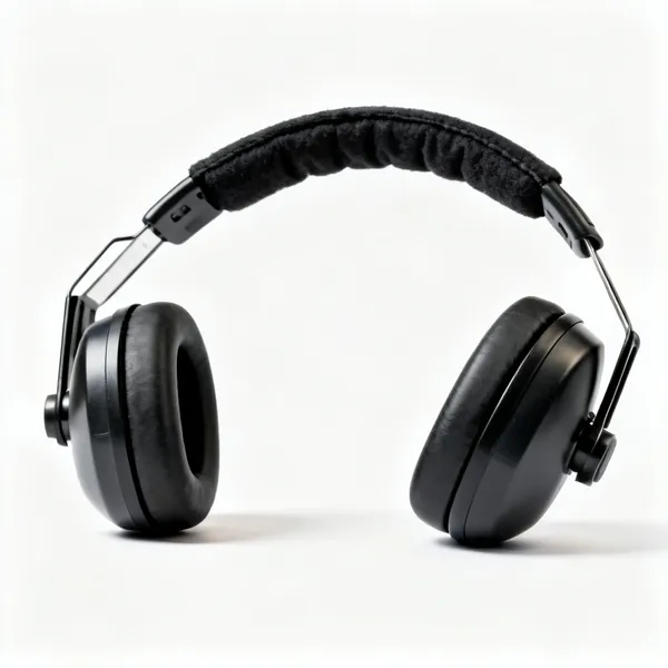 A pair of over ear protective ear defenders with a padded headband