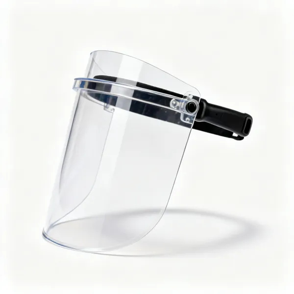 A clear polycarbonate face shield with a headband and a pivoting visor