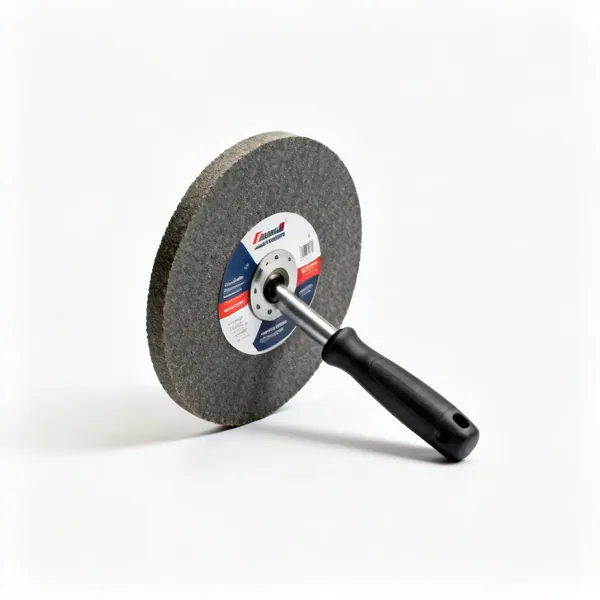 A thick abrasive stone cutting disc with a printed label