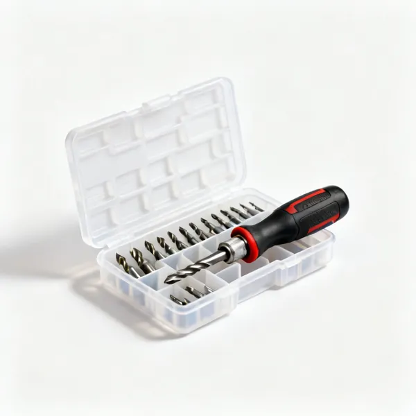 An open plastic drill bit case with moulded compartments