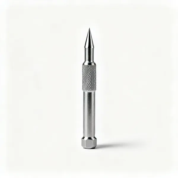 A steel centre punch with a pointed tip and a knurled body
