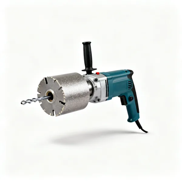 A diamond core drill with a large cylindrical core bit and a water feed