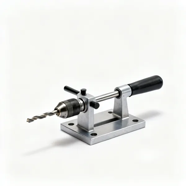 A metal drill guide jig with two guide rods and a base plate